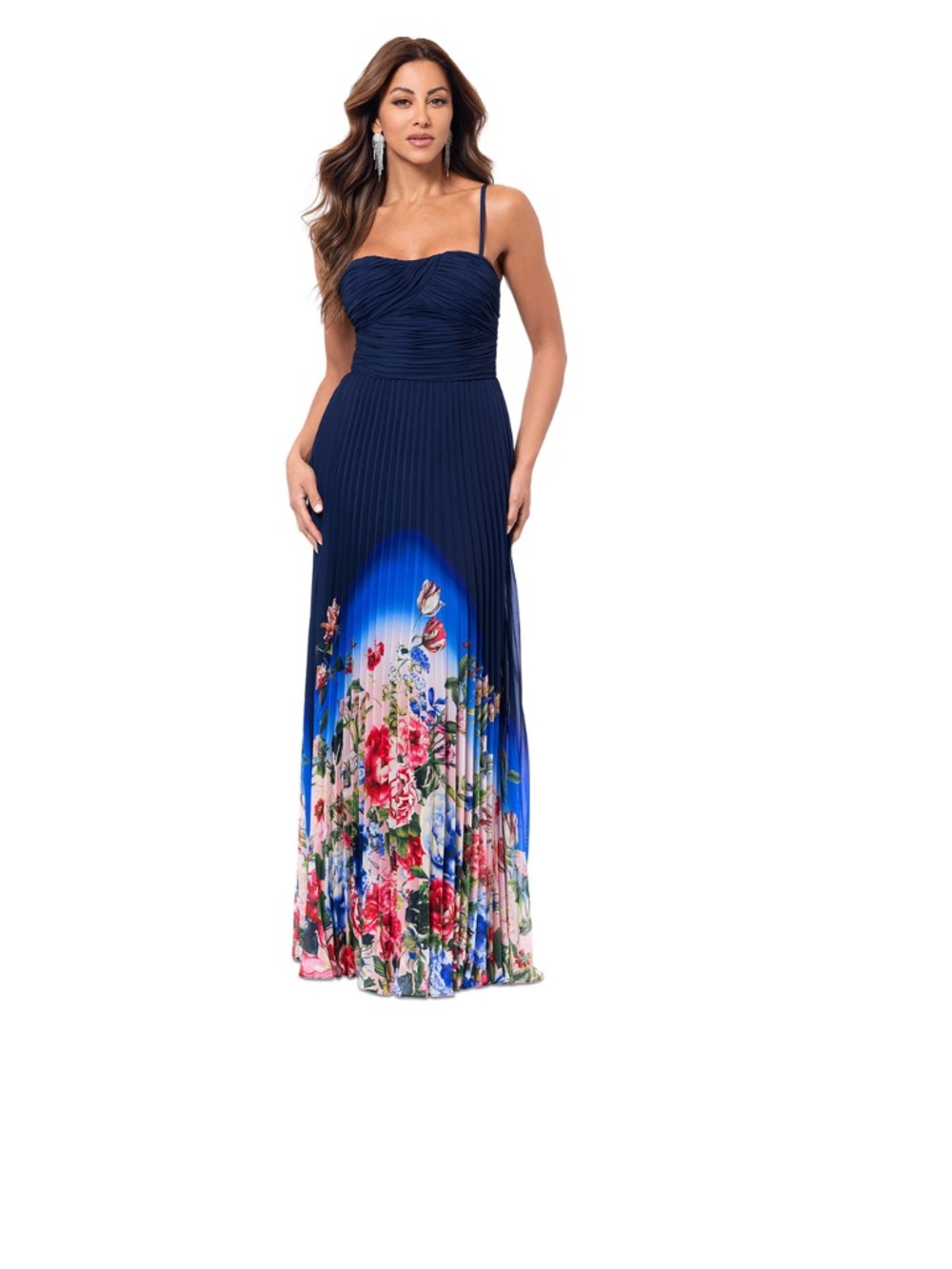 Xscape Navy Floral Pleated Gown Dress NWT SZ 10 Formal Prom Evening GALA RESORT